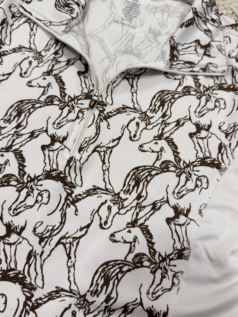 Kerrits White Long-Sleeve Quarter-Zip Polo with Brown Horse Print Riding Jacket